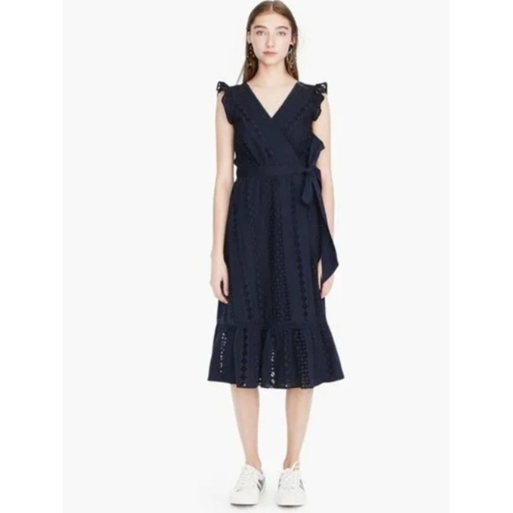 J. Crew‎ All Over Eyelet Wrap Midi Dress Size 2 Cotton Navy Blue Ruffle Feminine